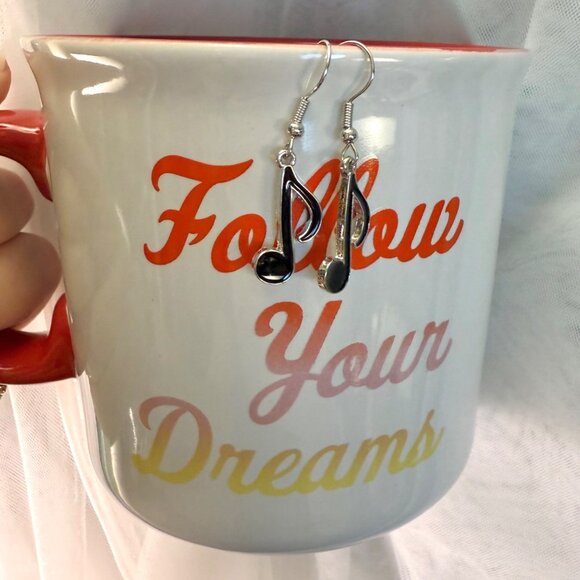 Music Note Dangle Earrings Black Silver Musical Charm Jewelry Singer Pianist - Picture 3 of 4